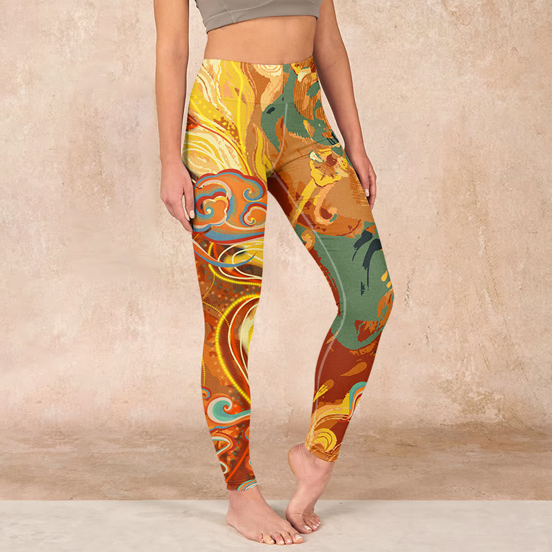Golden Auspicious Cloud Waves Print Gym Leggings Women's Yoga Pants