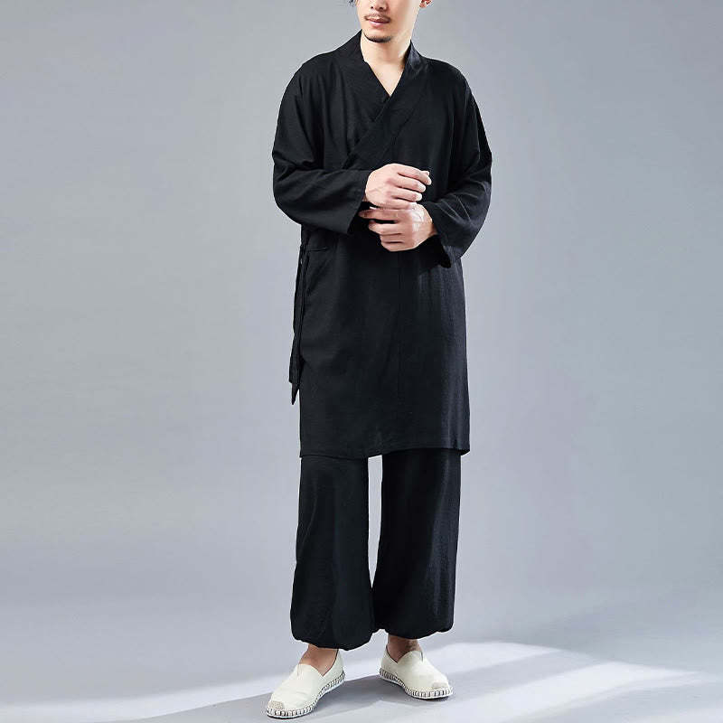 2Pcs V-Neck Men's Long Sleeve Shirt Top Pants Meditation Zen Tai Chi Cotton Linen Clothing Set