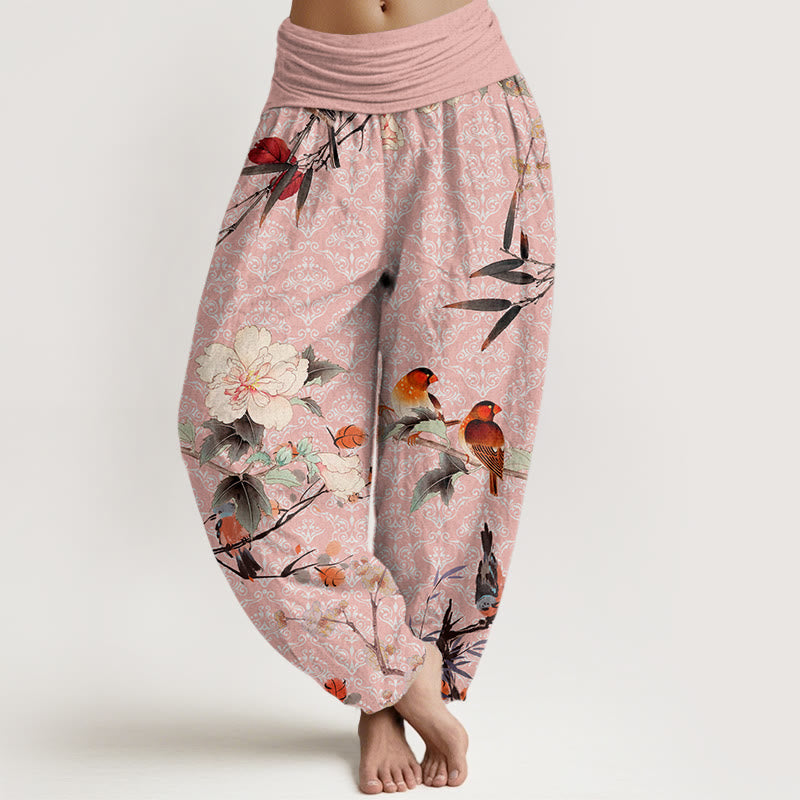 Warbler Bird Blooming Flower Branches Mandala Pattern Women's Elastic Waist Harem Pants