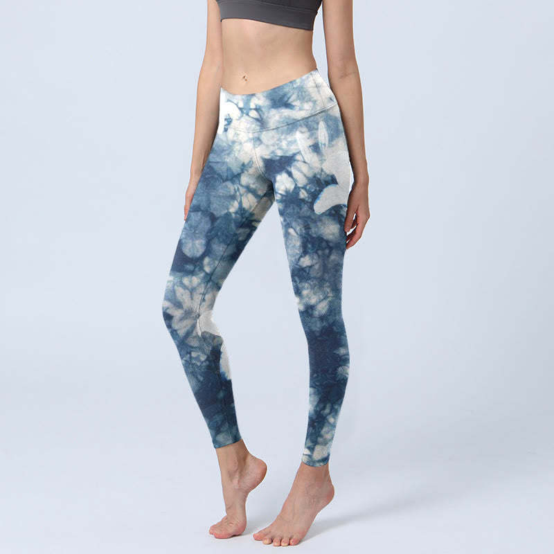Blue Lily Flowers Watercolor Texture Print Gym Leggings Women's Yoga Pants