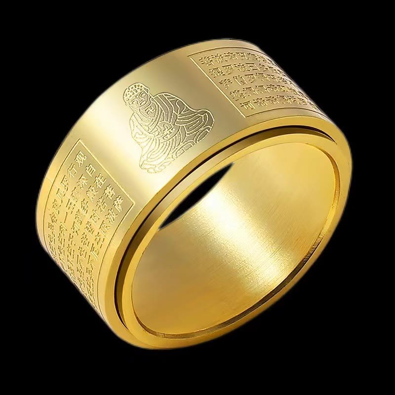 Chinese Zodiac Natal mystic zen Heart Sutra Carved Titanium Steel Calm Rotatable Ring