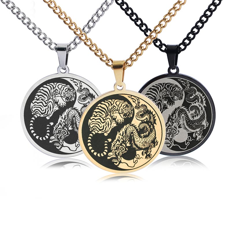 Tiger Dragon Titanium Steel Chain Necklace Harmony Pendant