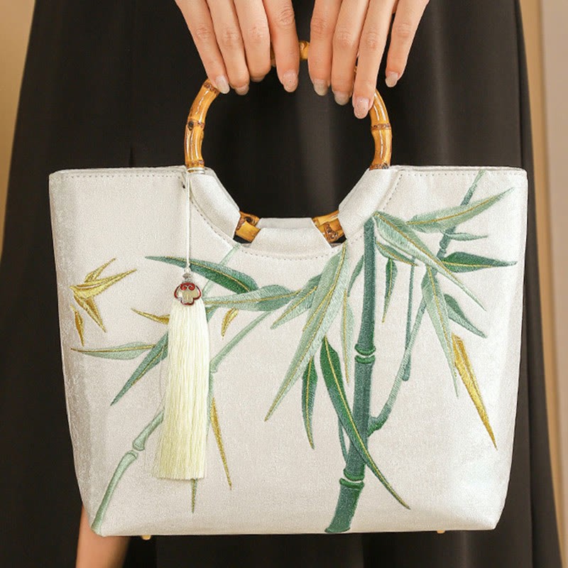 Embroidery Bamboo Handle Tassel Handbags