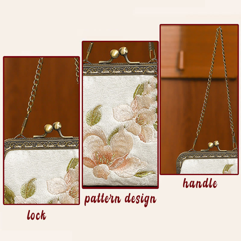 Orchids Oriental Cherry Butterfly Embroidery Metal Handle Handbag
