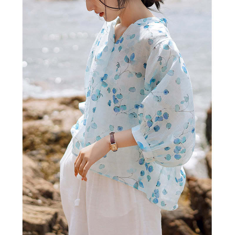 Fruits Leaves Pattern Lantern Sleeve Top Loose Tee T-shirt