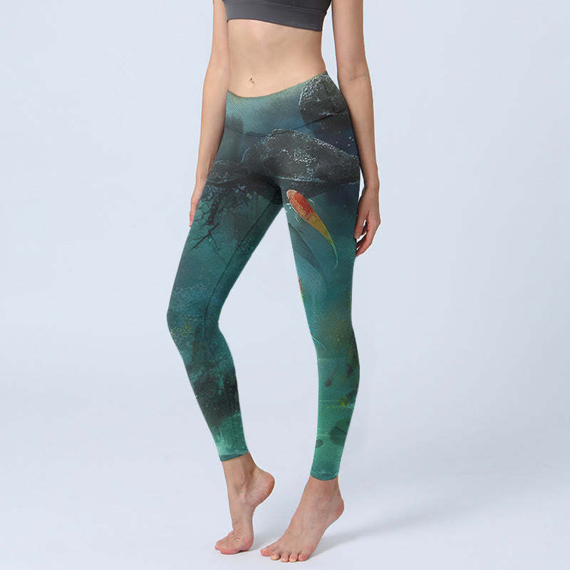 Pond Koi Fish Rocks Print Sports Leggings Women's Yoga Pants