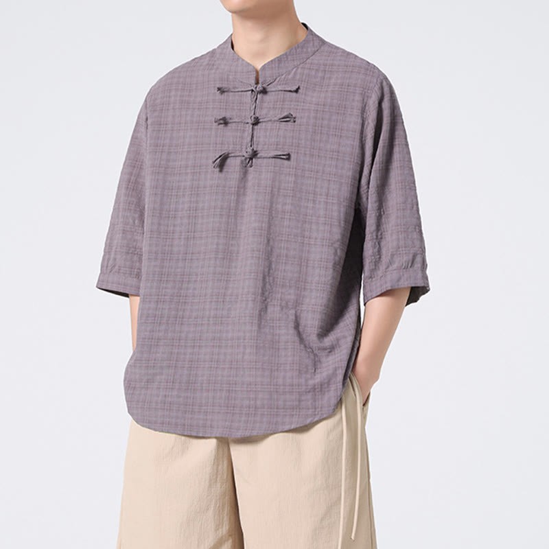 Frog-Button Plaid Pattern Chinese Tang Suit Half Sleeve Shirt Cotton Linen Men Clothing
