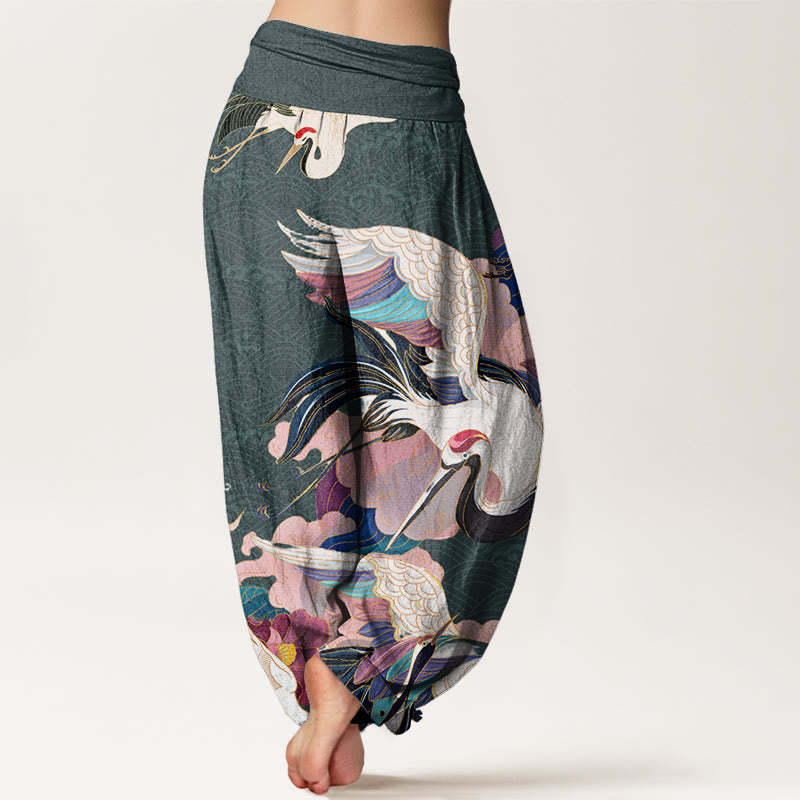 Red-crowned Crane Cloud Pattern Women's Elastic Waist Harem Pants