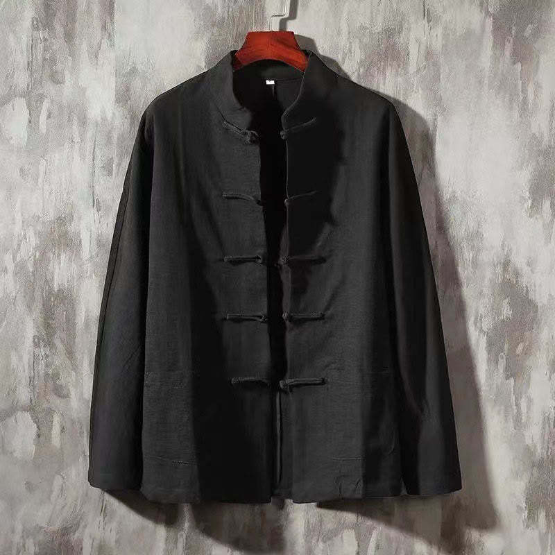 Men's Tang Long Sleeve Shirt Frog Button With Pocket Stand Collar Comfort Linen Shirt