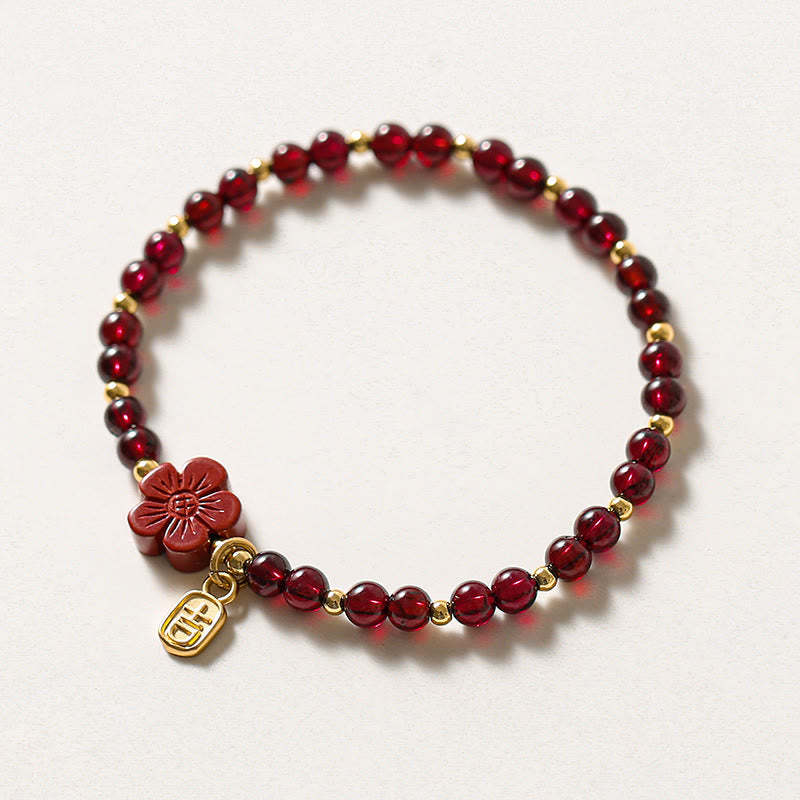 14K Gold Natural Garnet Cinnabar Flower Calm Bracelet