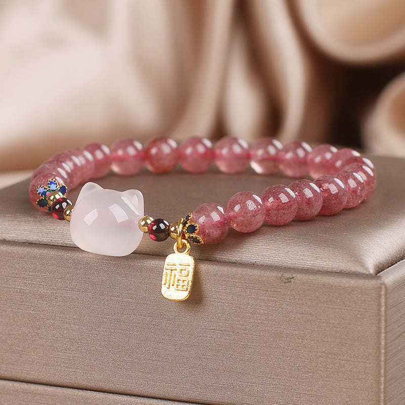 Love and Healing Strawberry Quartz White Jade Cat Fu Character Bracelet