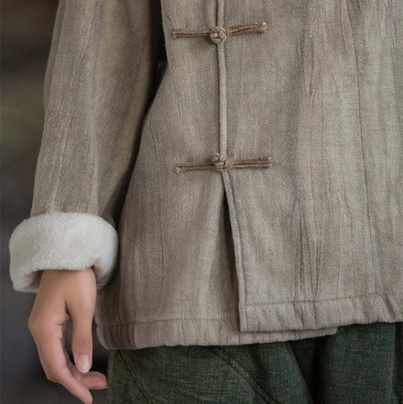 Solid Color Frog-button Thermal Long Sleeve Ramie Linen Women's Shirt