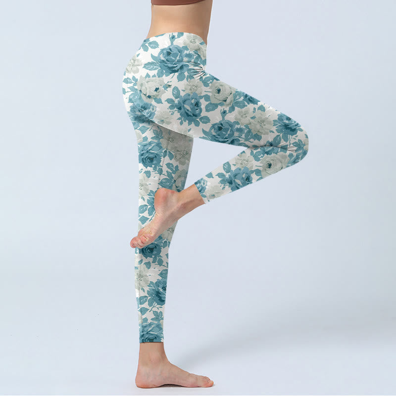 Green White Flower Gym Leggings Women's Yoga Pants