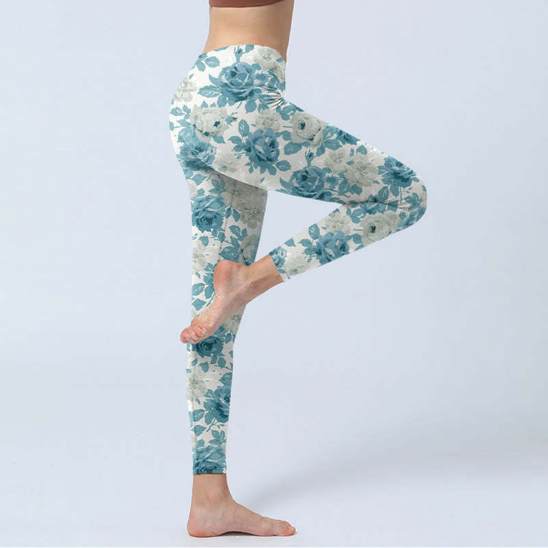 Green White Flower Gym Leggings Women's Yoga Pants