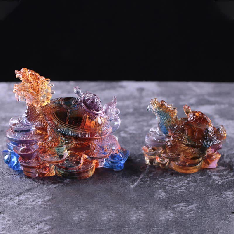 Feng Shui Dragon Turtle Coins Handmade Liuli Crystal Luck Art Piece Home Office Decoration