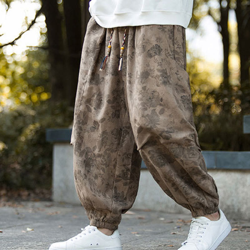 Casual Flower Corduroy Cotton Men's Pants With Big Pockets