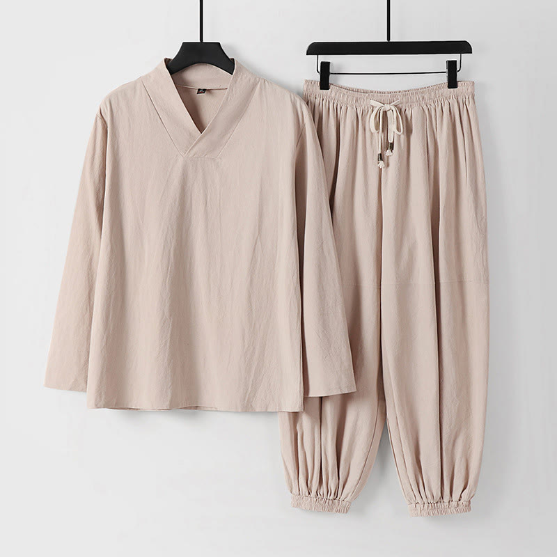 Cross-Collars Cropped Bloomers Cotton Tang Suit Hanfu Top Pants Clothing Men's Set