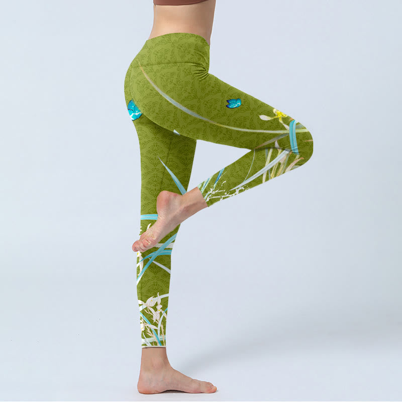Green Butterfly Orchid Flowers Print Gym Leggings Women's Yoga Pants