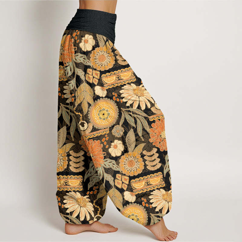 Sunflowers Round Floral Design Women's Elastic Waist Harem Pants