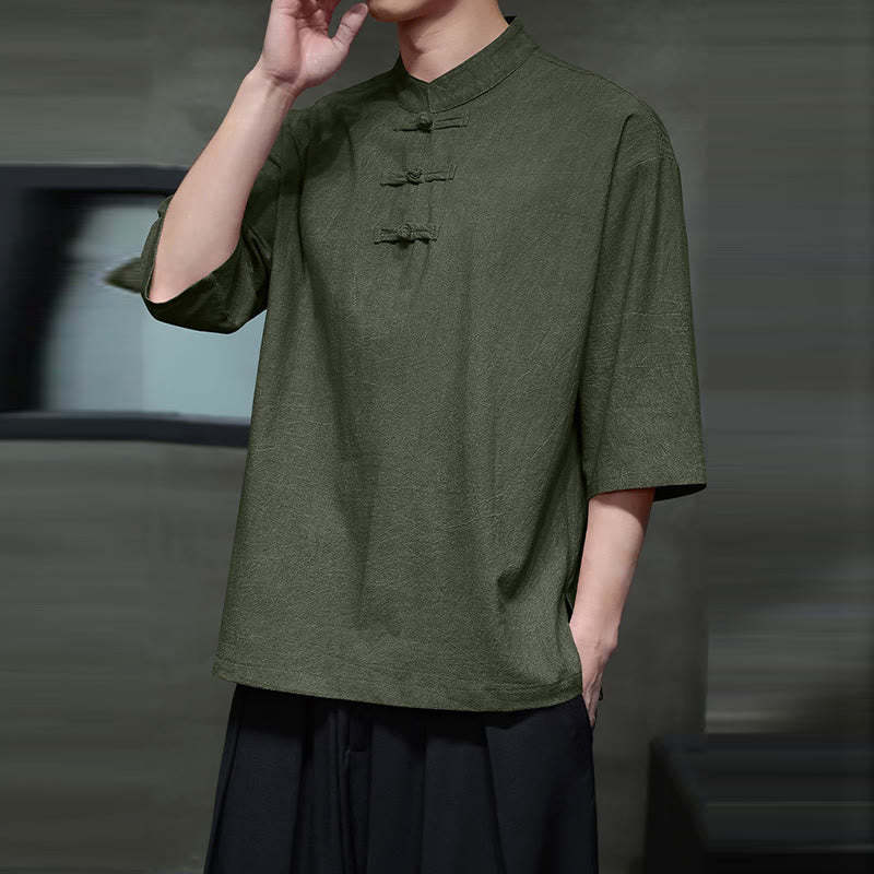Men's Chinese Frog-Button Tang Suit Half Sleeve Cotton Linen Shirt