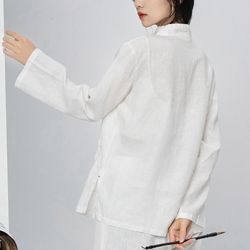 Solid Color Frog-button Long Sleeve Linen Women's Shirts With Pockets