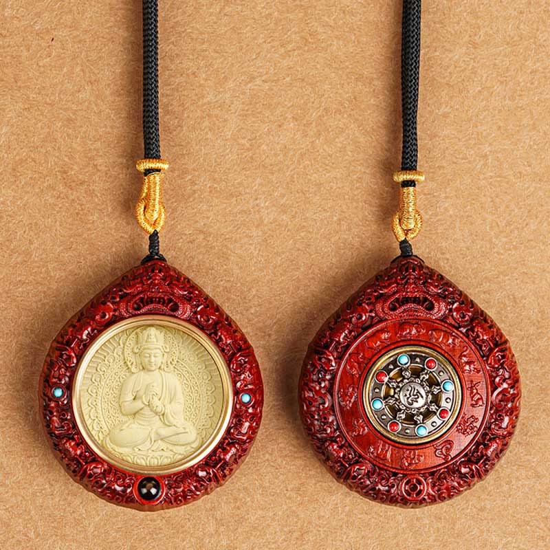 Chinese Zodiac Avalokitesvara Small Leaf Red Sandalwood Ebony Longevity Necklace Pendant