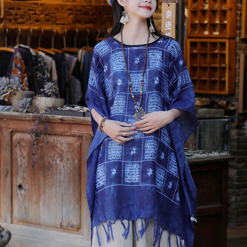 Blue Color Block Plaid Shawl Tassels Soft Pullover 90*95cm