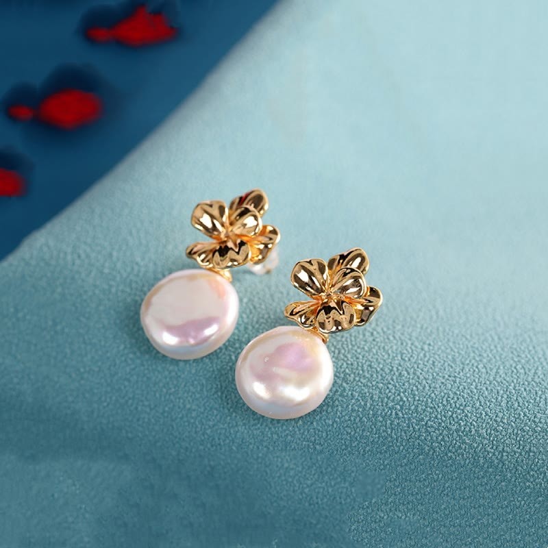 925 Sterling Silver Natural Baroque Pearl Flower Healing Drop Earrings