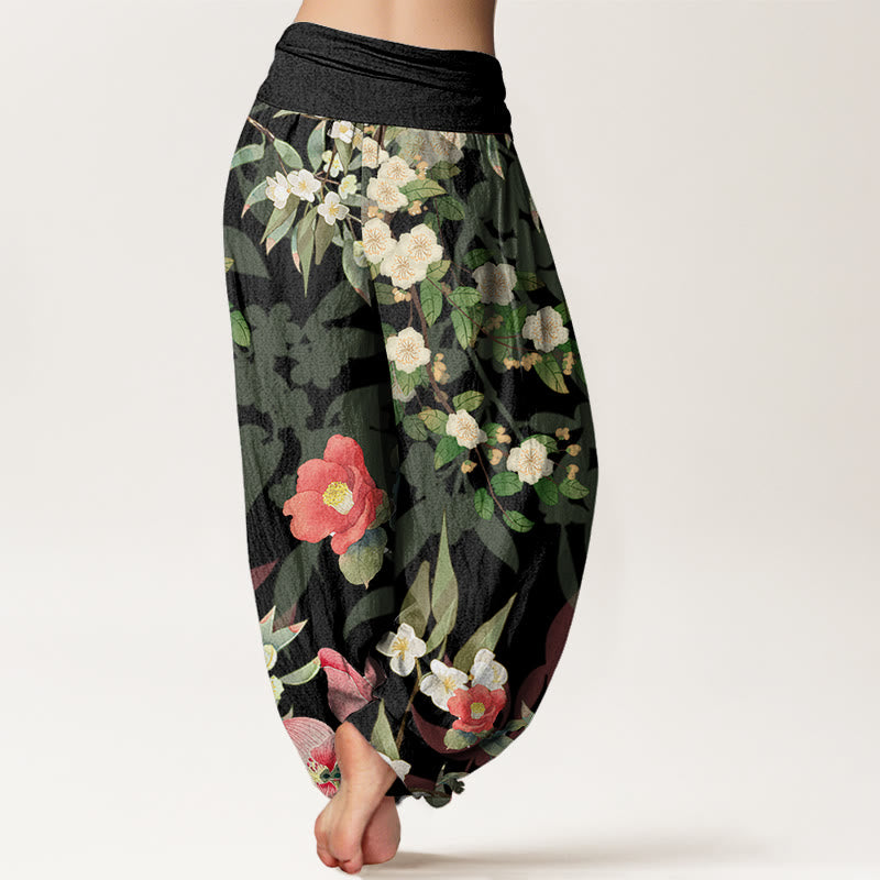 Vibrant Blooming Lotus Flower Lush Branches Women's Elastic Waist Harem Pants