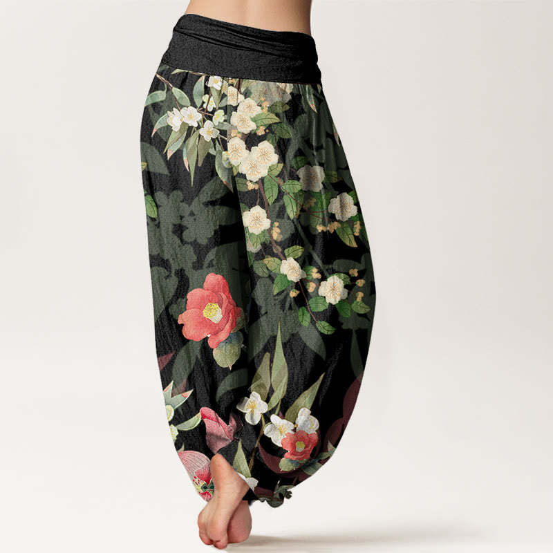 Vibrant Blooming Lotus Flower Lush Branches Women's Elastic Waist Harem Pants