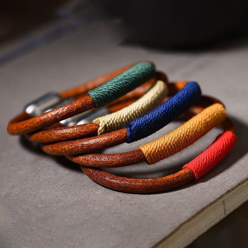 Tibetan Leather Handmade Five Elements Luck Braid String Buckle Bracelet