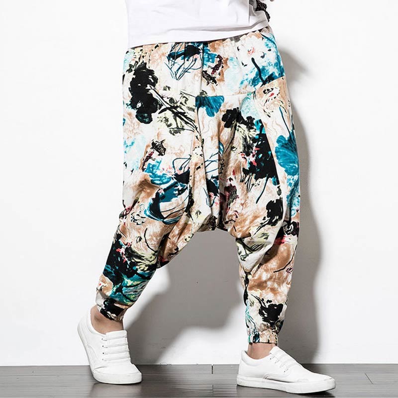 Flowers Leaves Brown Blue Painting Print Cotton Men's Long Cropped Harem Pants With Pockets
