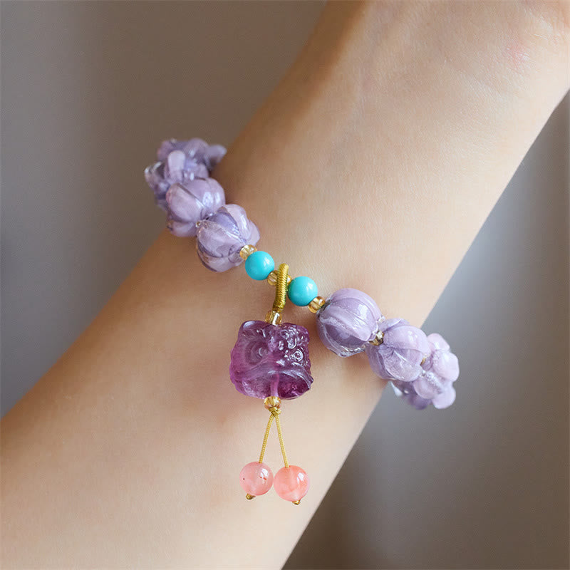 Liuli Glass Bead Lotus Design Fluorite Ivory Fruit Dancing Lion Charm Enlightenment Bracelet