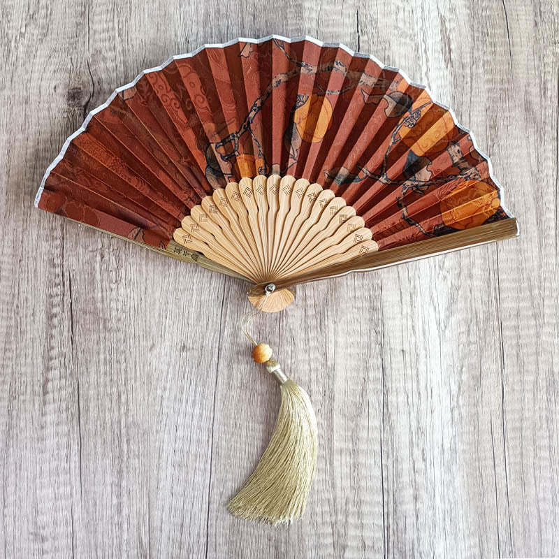 Flower Persimmon Bamboo Leaves Xiangyunsha Silk Handheld Bamboo Folding Fan