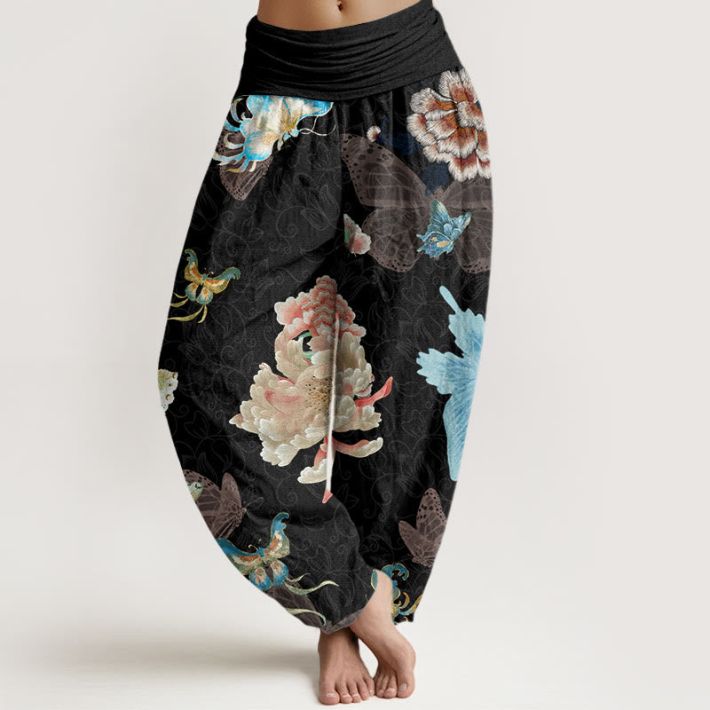 Chrysanthemums Butterflies Pattern Women's Elastic Waist Harem Pants