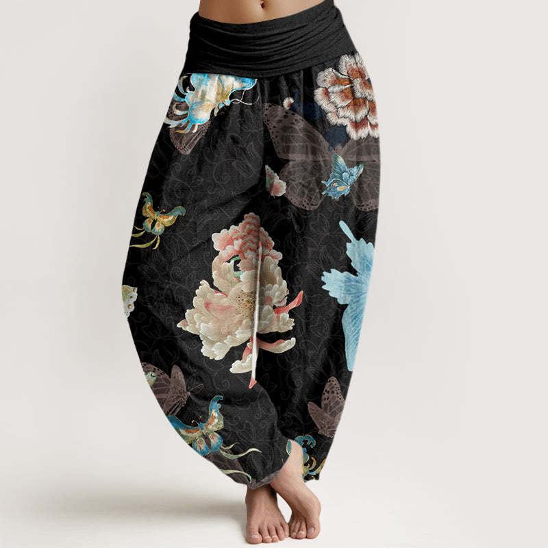 Chrysanthemums Butterflies Pattern Women's Elastic Waist Harem Pants
