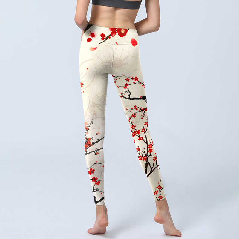 Blooming Red Plum Blossoms Print Gym Leggings Women's Yoga Pants
