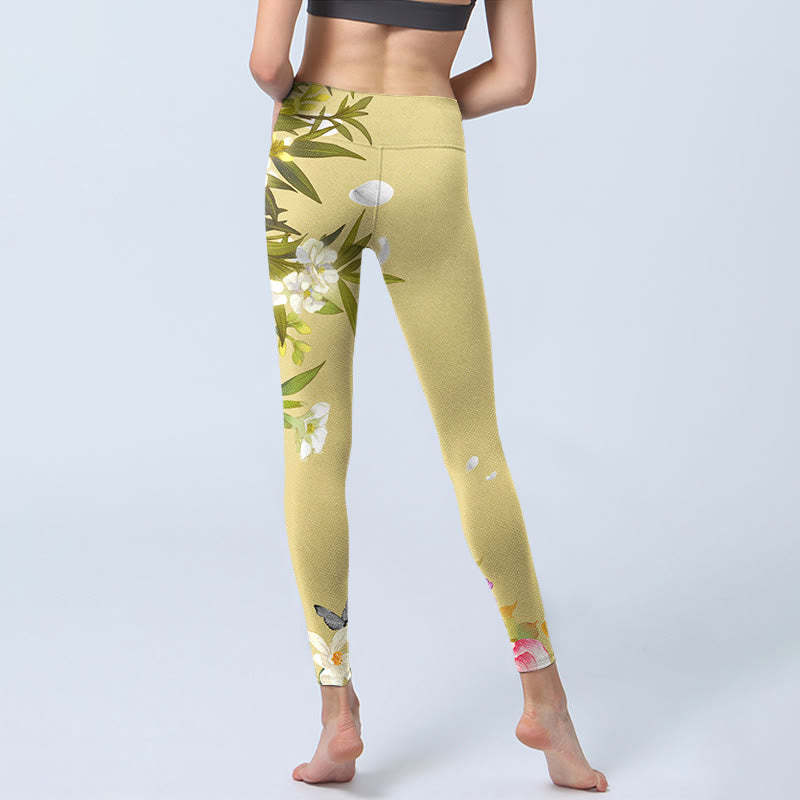 Flowers Plants Butterfly Print Fitness Leggings Women's Yoga Pants