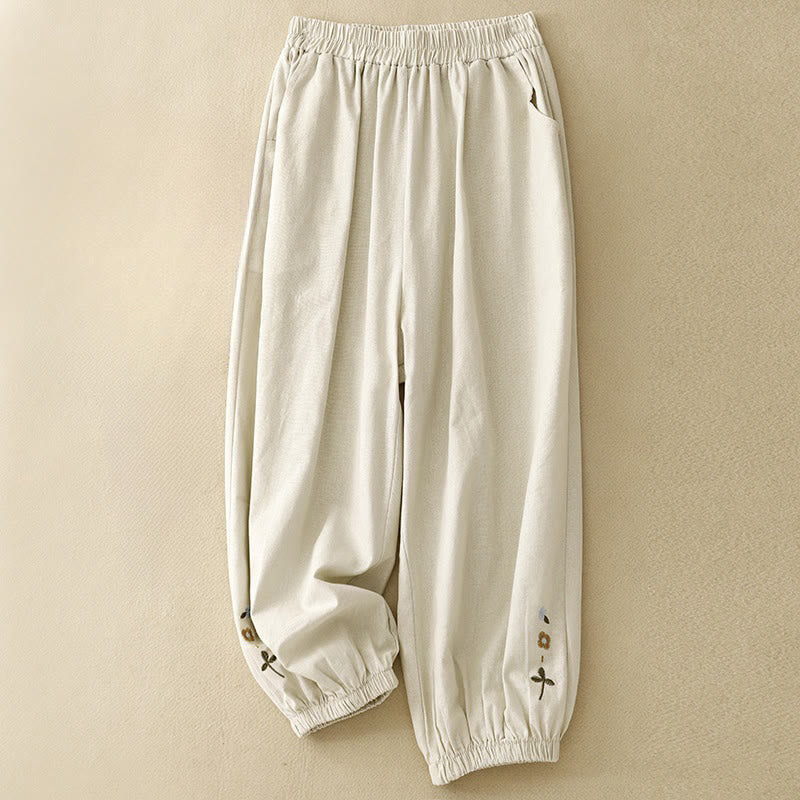 Casual Embroidery Flower 7-8 Length Cropped Pants Women's Cotton Harem Pants With Pockets