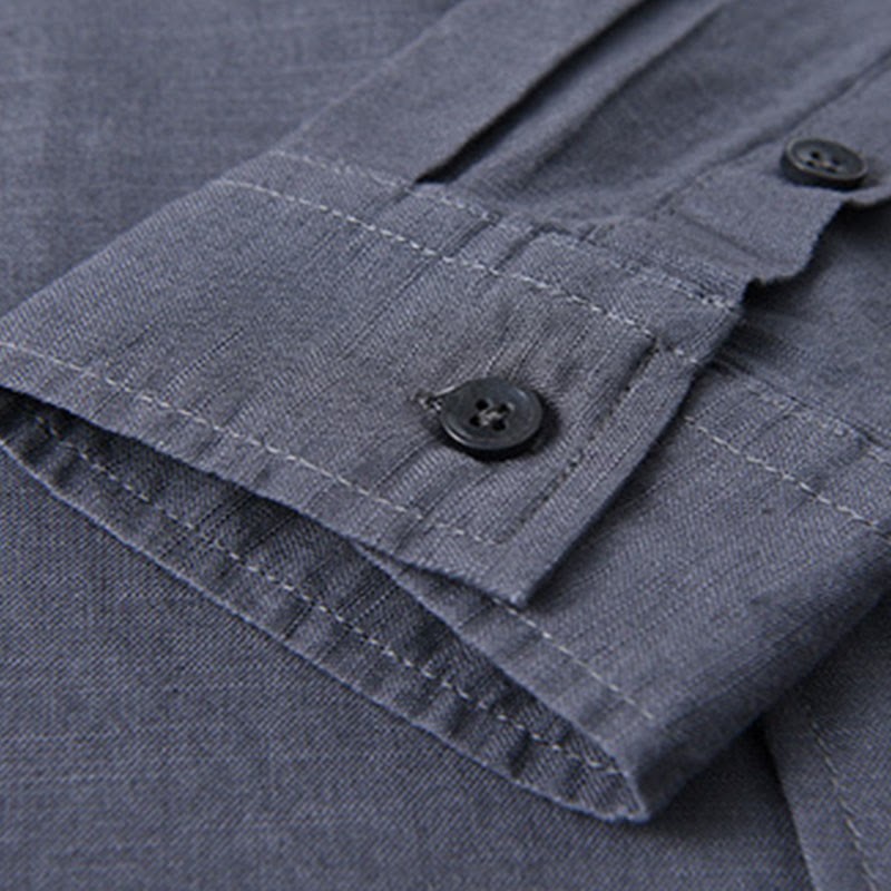 Men's Long Sleeve Stand Collar With Pocket Pure Color Casual Cotton Linen Shirt