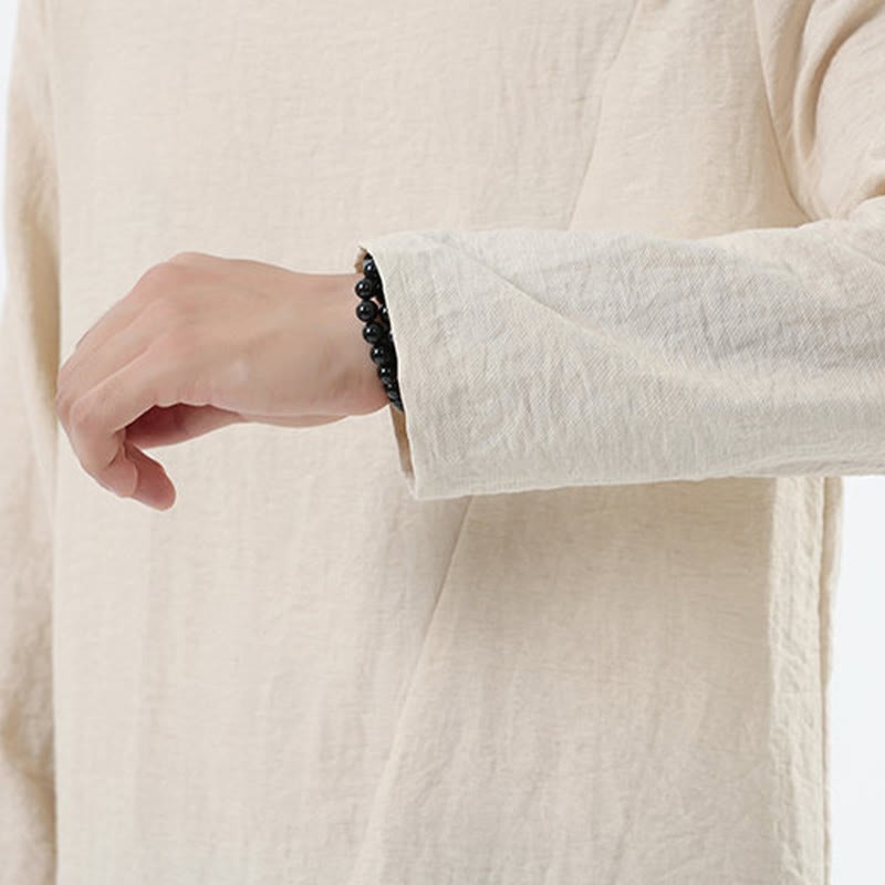 Men's Long Sleeve Round Collar Comfort Cotton Linen Shirt