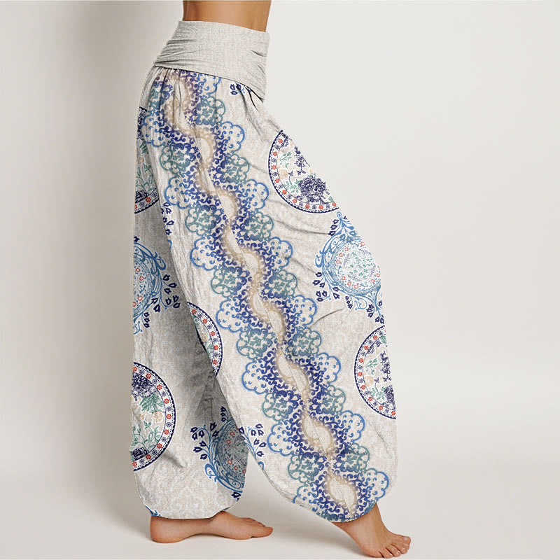 Round Diamond Shape Chinese Floral Design Women's Elastic Waist Harem Pants