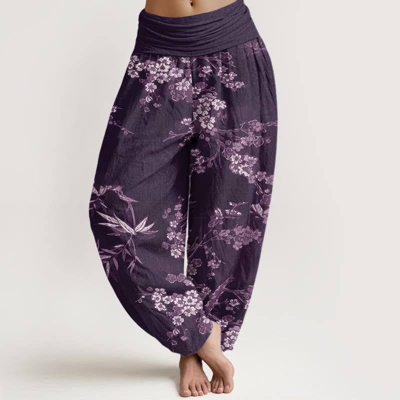 White Sakura Flower Pattern Women's Elastic Waist Harem Pants