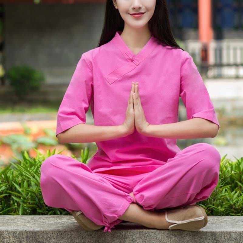2Pcs Half Sleeve V-Neck Shirt Top Pants Meditation Zen Tai Chi Linen Clothing Women's Set