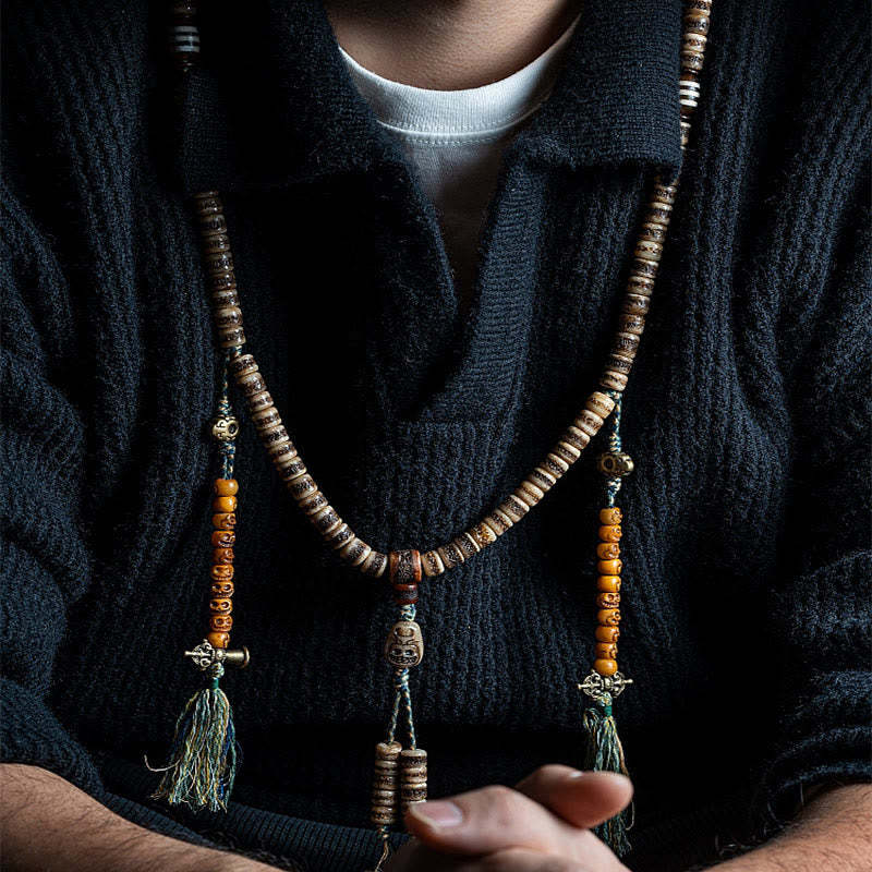 Tibetan 108 Mala Beads Yak Bone Dzi Bead The Lord of the Corpse Forest Strength Bracelet