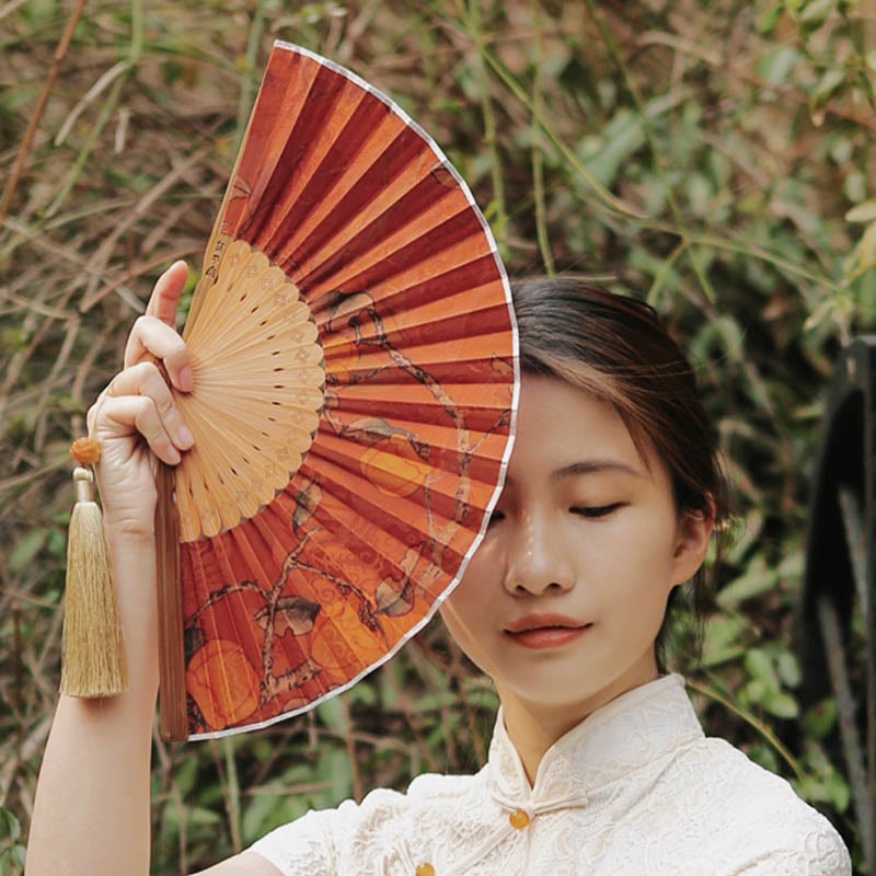 Flower Persimmon Bamboo Leaves Xiangyunsha Silk Handheld Bamboo Folding Fan
