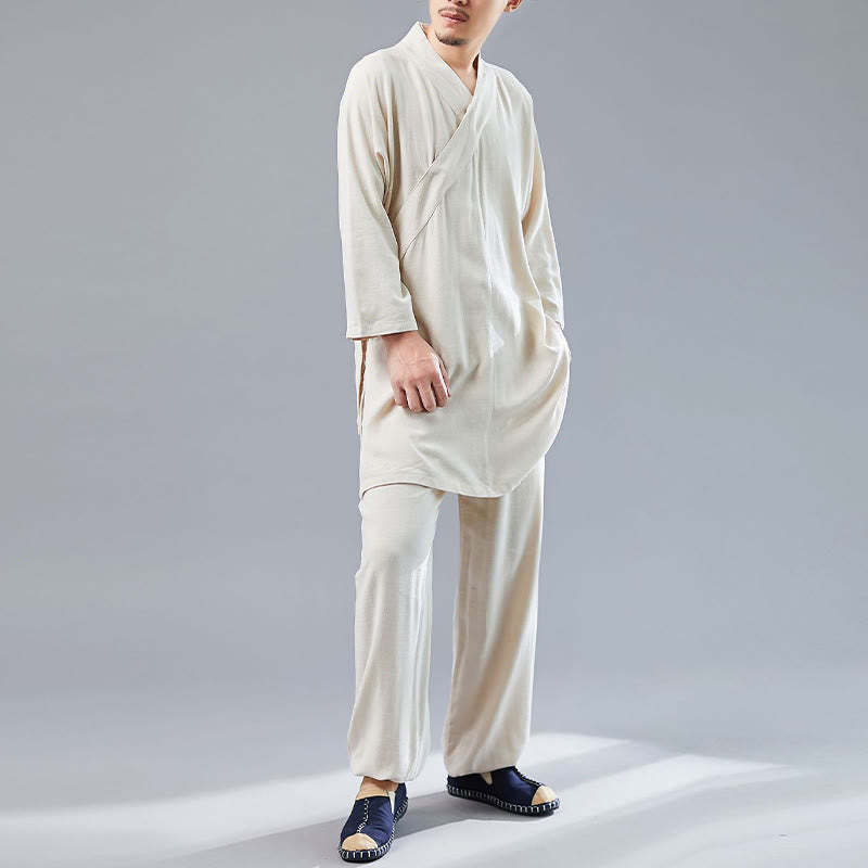 2Pcs V-Neck Men's Long Sleeve Shirt Top Pants Meditation Zen Tai Chi Cotton Linen Clothing Set
