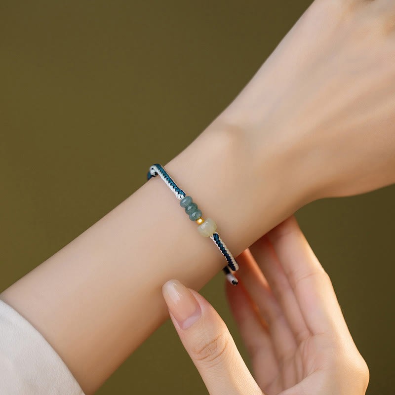 925 Sterling Silver Hetian Jade Bead Abundance Braided Rope Bracelet