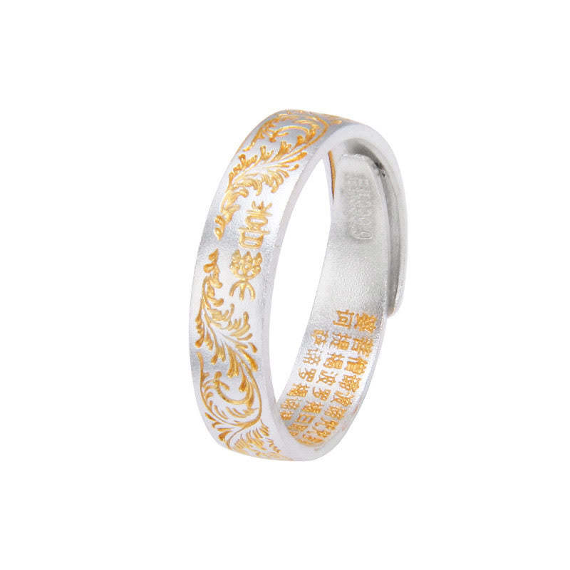 mystic zen Stone 999 Sterling Silver Gold-Painted Joyful Flower Pattern Peaceful Heart Sutra Ring