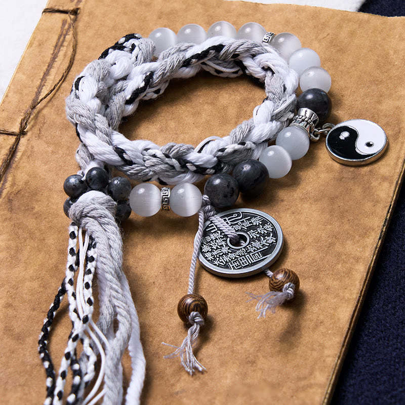 Black Glitter Stone Cat's Eye Yin Yang Mountain Ghosts Spend Money Power Double Layer Rope Bracelet